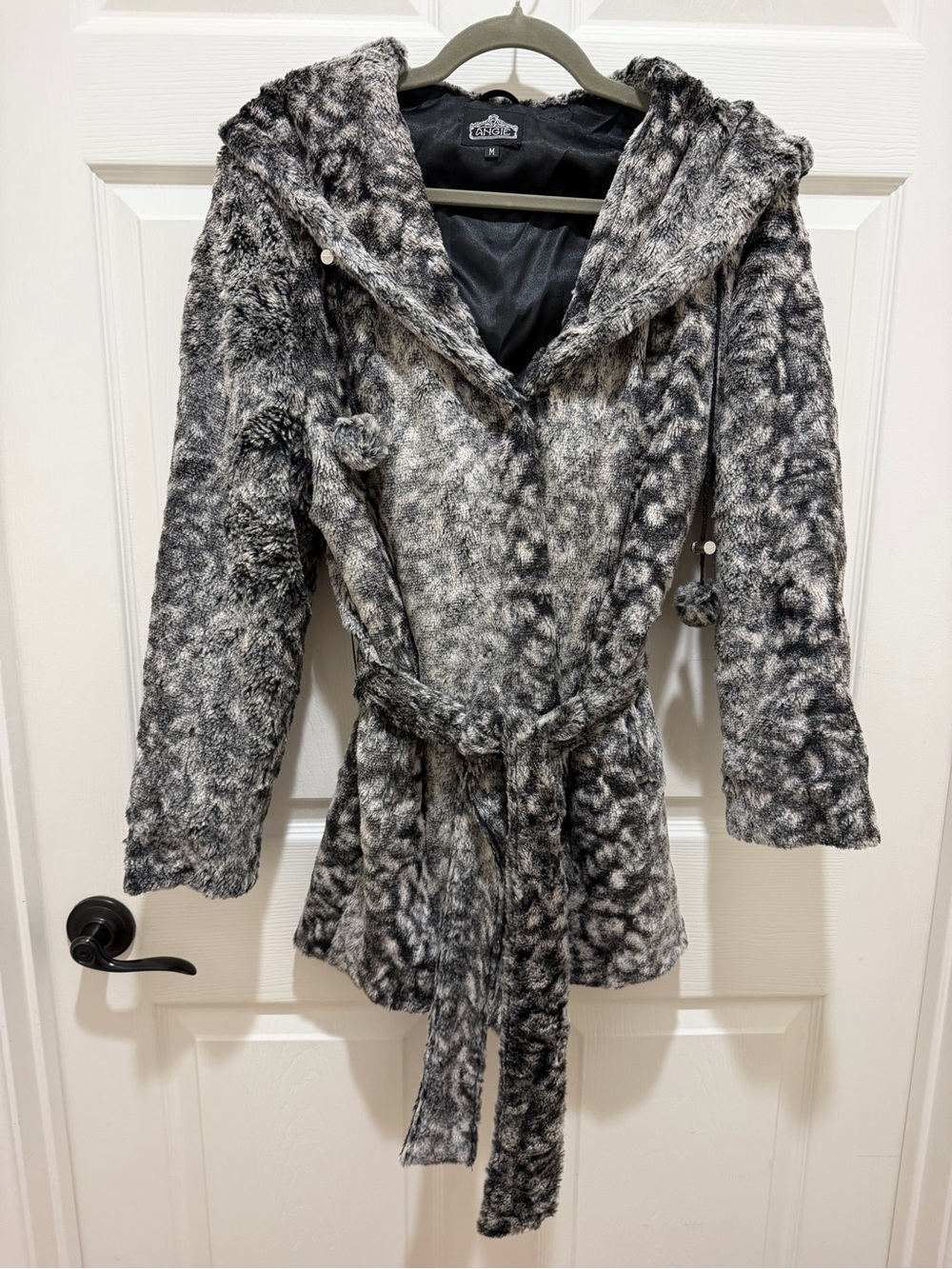 Angie Gray Black Faux Fur Teddy Hooded Belted Coat Medium Boho Y2K